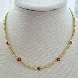 Gold tone  Necklace With Red  Black Evil Eye Charms Adjustable Length Dainty NEW